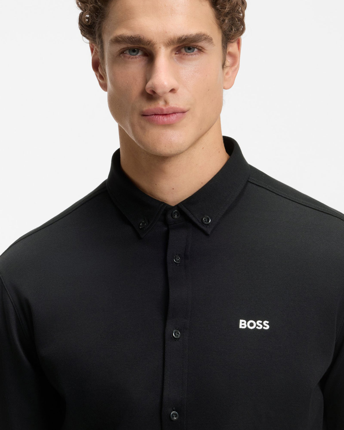 BOSS Green ST Motion Mens Long Sleeve shirt in cotton jersey with natural stretch - Black 002 collar and logo detail