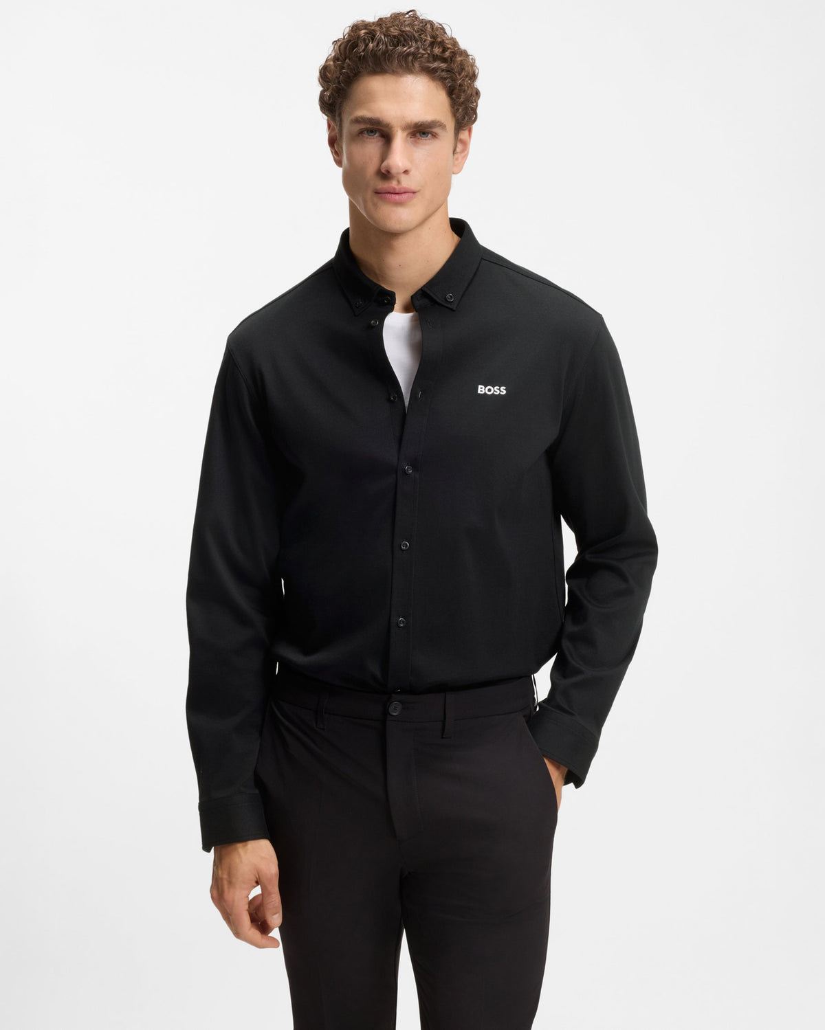 BOSS Green ST Motion Mens Long Sleeve shirt in cotton jersey with natural stretch - Black 002, front