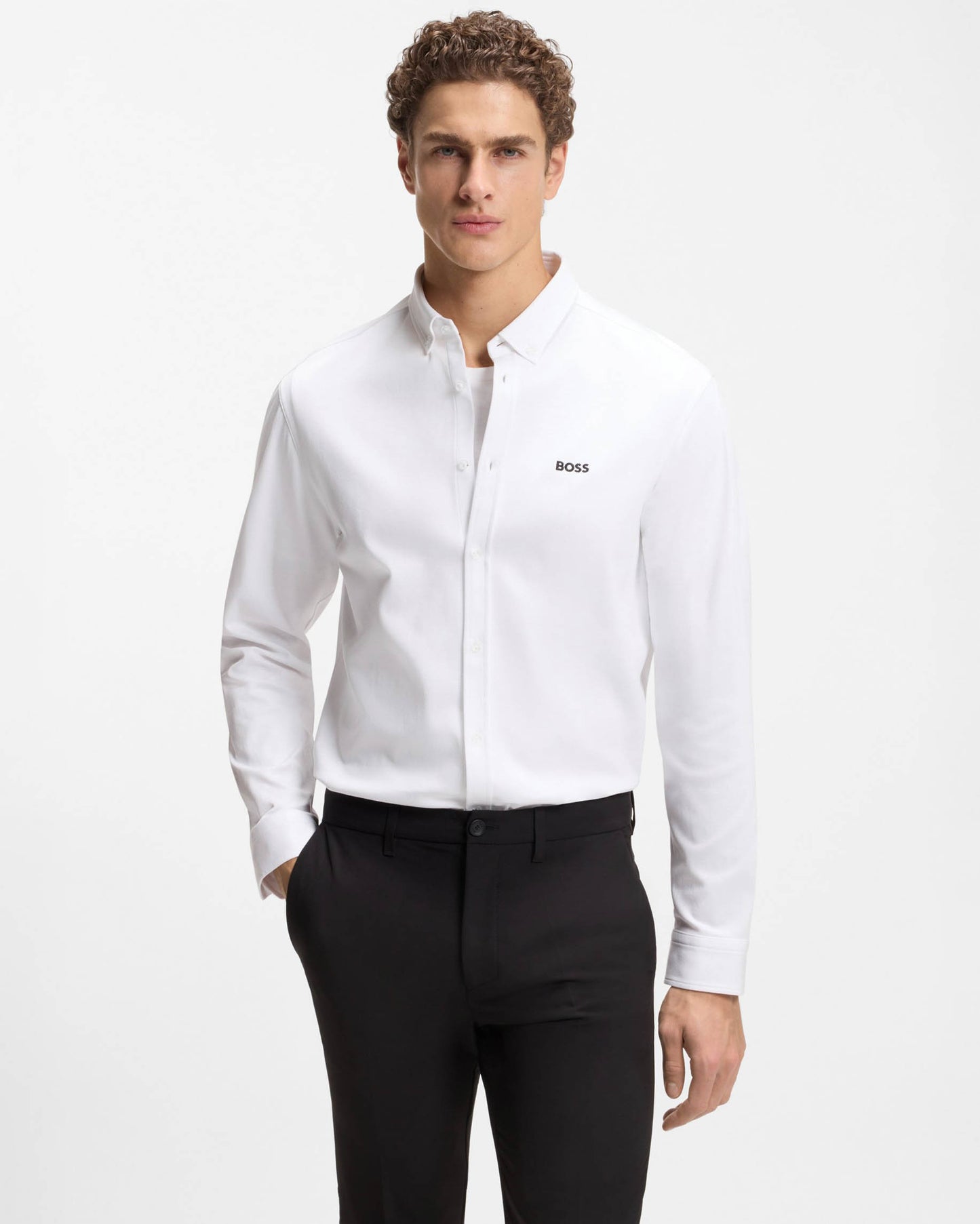 BOSS Green ST Motion Mens Long Sleeve shirt in cotton jersey with natural stretch - White 100