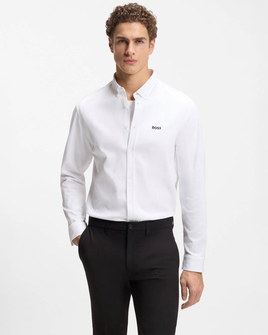 BOSS Green ST Motion Mens Long Sleeve shirt in cotton jersey with natural stretch - White 100 | CHO | Designer Mens,Shirts,Long Sleeve