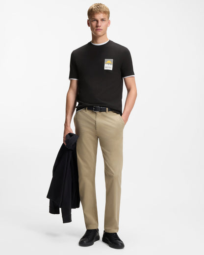 Model wearing BOSS Orange TePlain Mens Cotton-Jersey T-Shirt with Logo Artwork in Black 001 - Full length