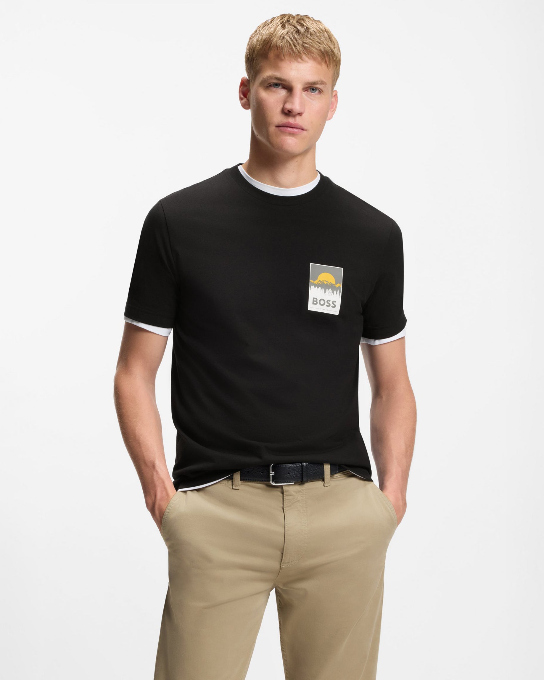 Model wearing BOSS Orange TePlain Mens Cotton-Jersey T-Shirt with Logo Artwork in Black 001 - Front

