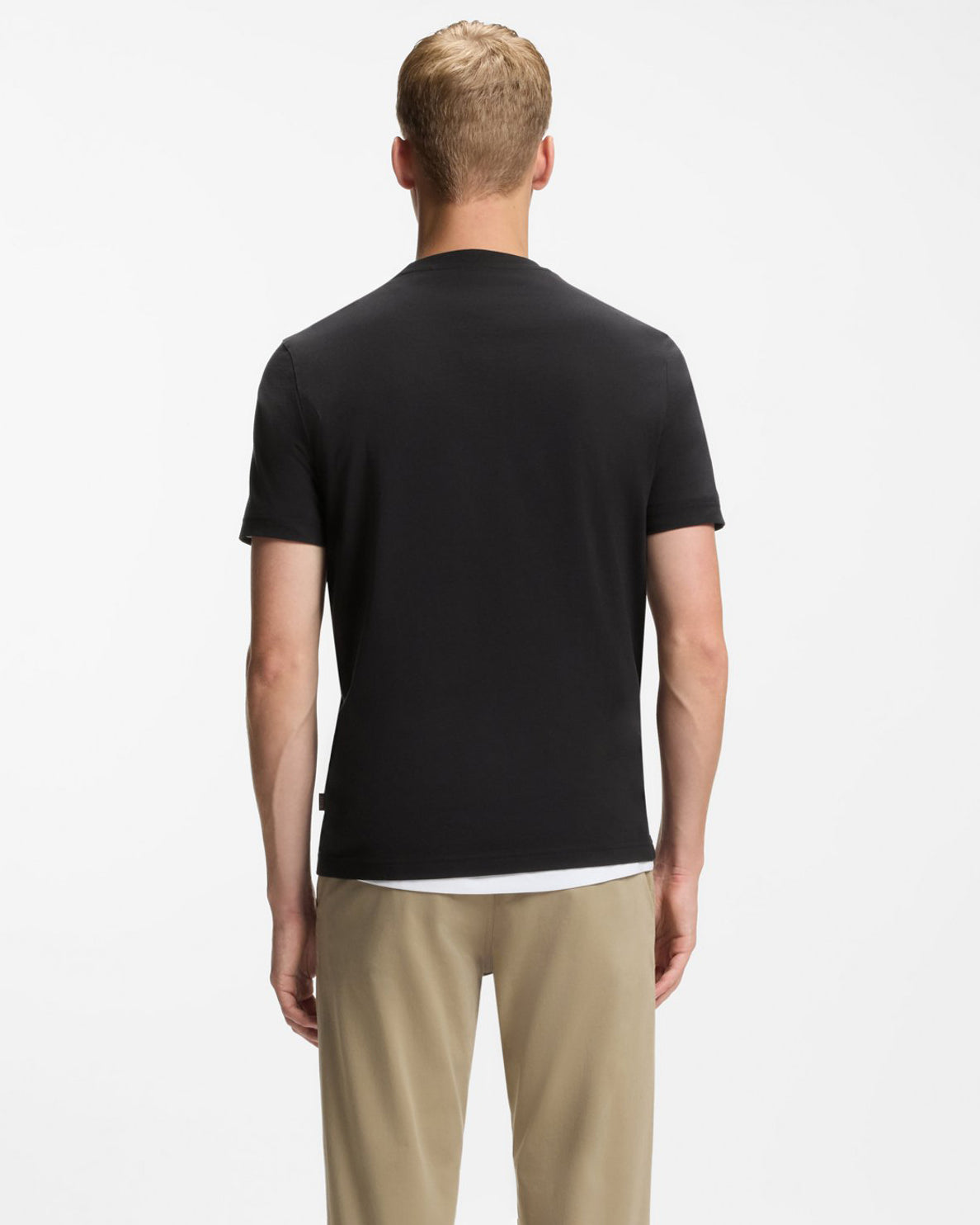 Model wearing BOSS Orange TePlain Mens Cotton-Jersey T-Shirt with Logo Artwork in Black 001 - Back