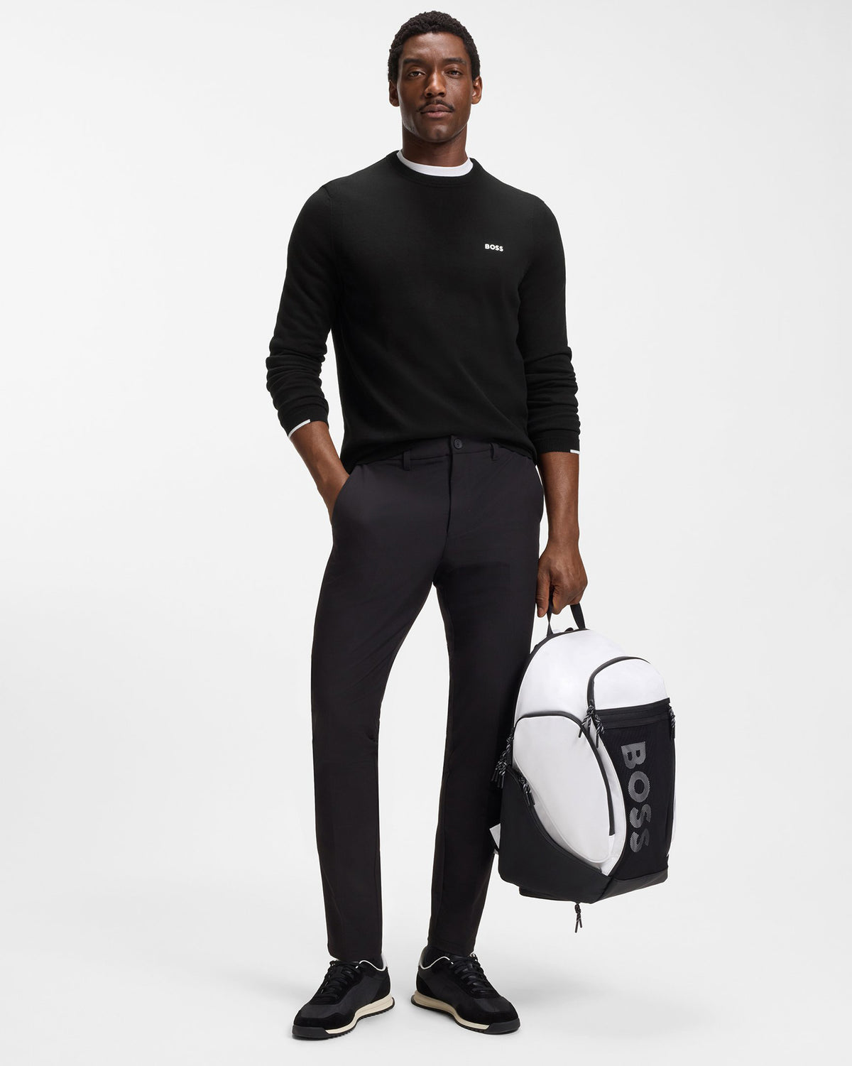 BOSS Green Ever-X Mens Cotton sweater with contrast logo  - Black 001 full length, front