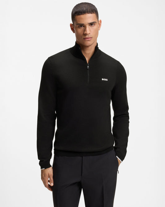 BOSS Green Ever - X Mens Cotton sweater with quarter zip - Black 001 | CHO | Designer Mens,Knitwear,Jumpers,Quarter Zip Jumpers