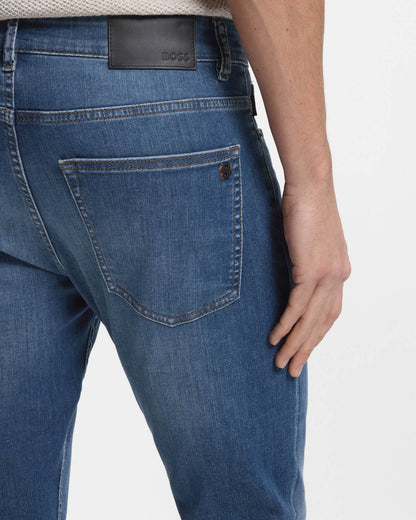 BOSS Orange Delaware Slim-Fit Jeans in Soft-Motion Denim - Medium Blue 422 | CHO | Designer Mens Jeans