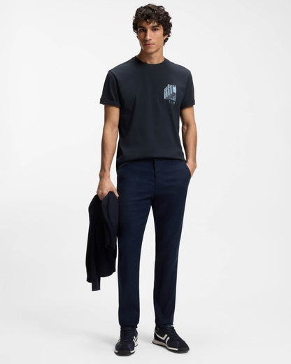 Model wearing BOSS Orange Te Board Mens T-Shirt in Dark Blue 404 - Full length