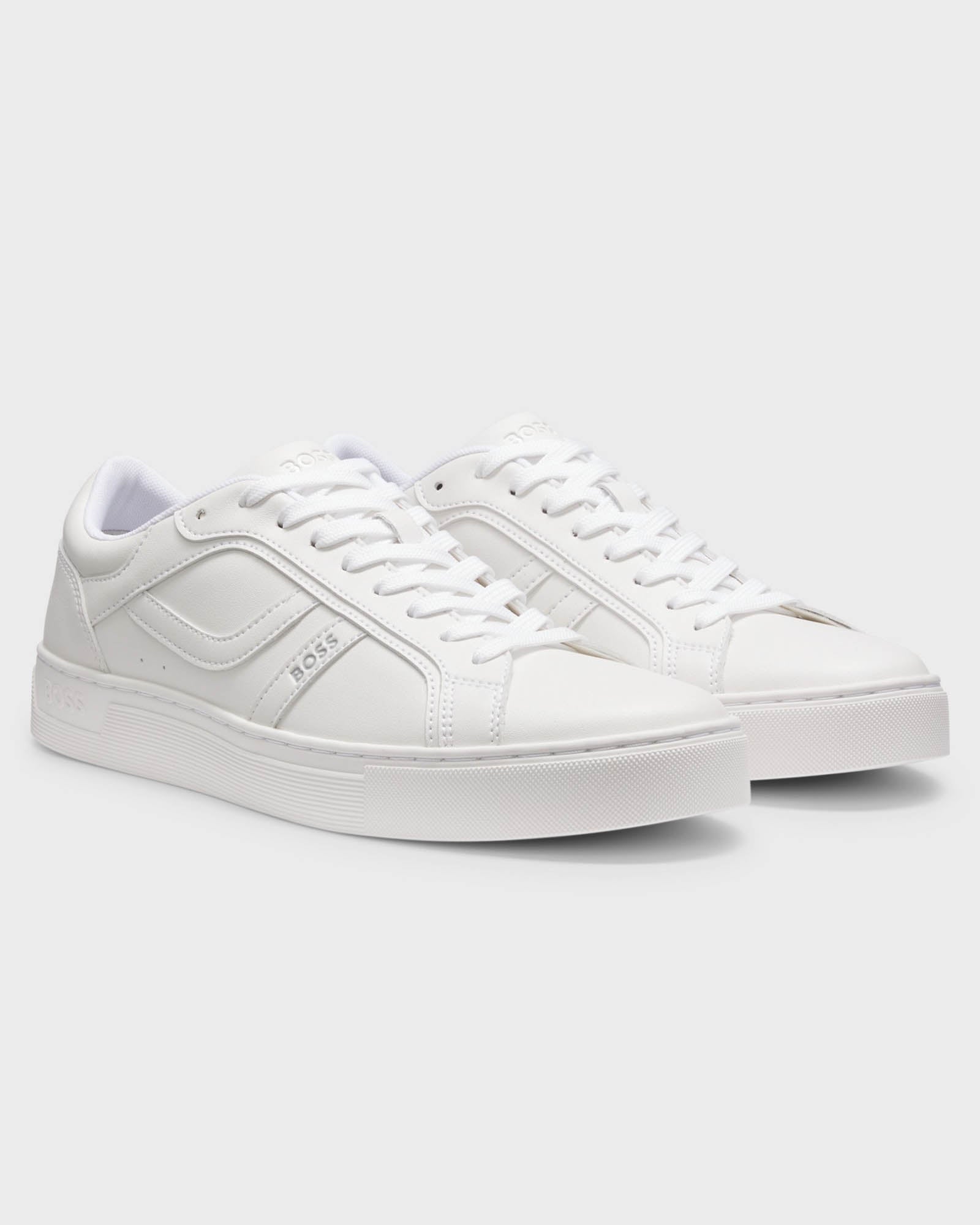 Pair of BOSS Orange Rhys Mens Logo-Trimmed Trainers in Faux Nappa Leather in White 100 - Right