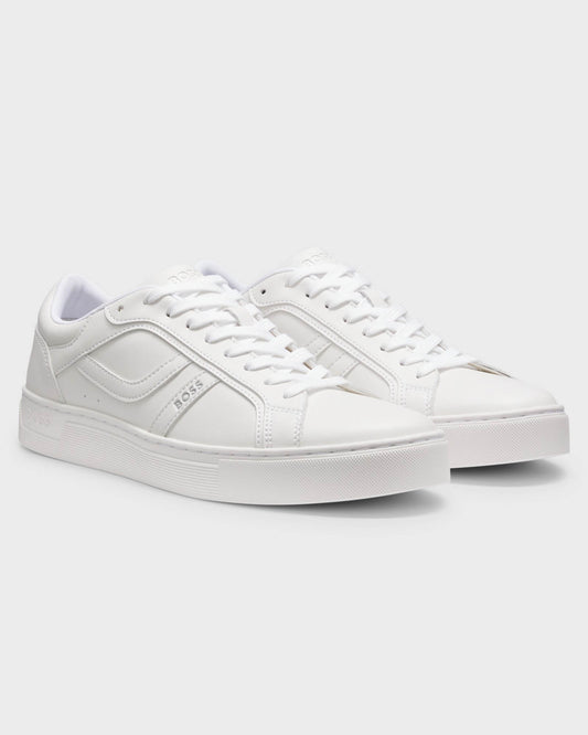 Pair of BOSS Orange Rhys Mens Logo-Trimmed Trainers in Faux Nappa Leather in White 100 - Right