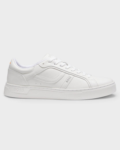 BOSS Orange Rhys Mens Logo-Trimmed Trainers in Faux Nappa Leather in White 100 - Right