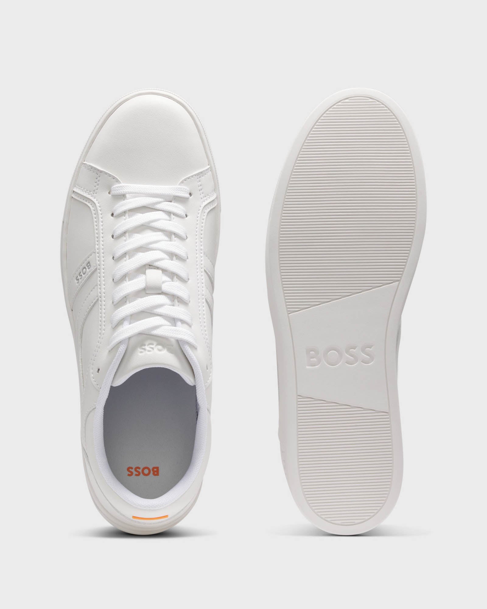 Pair of BOSS Orange Rhys Mens Logo-Trimmed Trainers in Faux Nappa Leather in White 100 - Sole and top