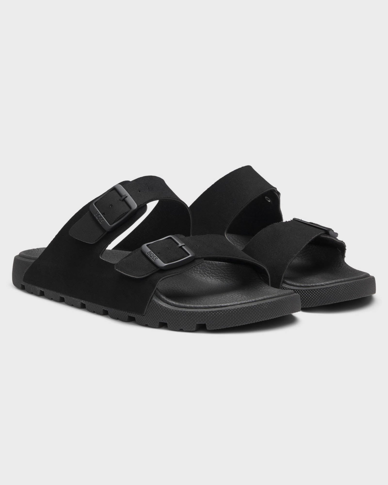 Pair of BOSS Orange Surfley Mens Twin-Strap Slides with Branded Buckles in Black 001 - Right