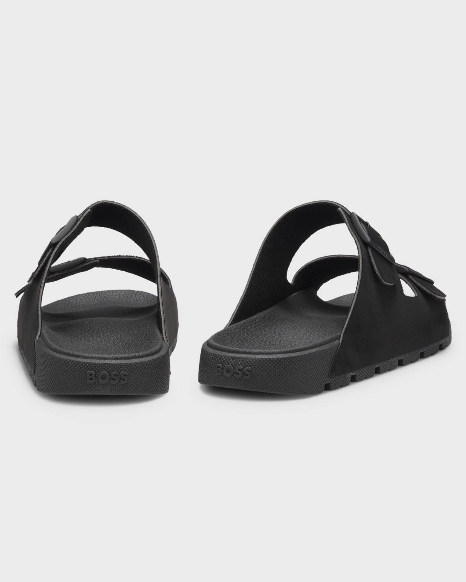 Pair of BOSS Orange Surfley Mens Twin-Strap Slides with Branded Buckles in Black 001 - Back