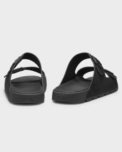 Pair of BOSS Orange Surfley Mens Twin-Strap Slides with Branded Buckles in Black 001 - Back