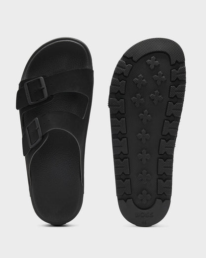 Pair of BOSS Orange Surfley Mens Twin-Strap Slides with Branded Buckles in Black 001 - Top and sole