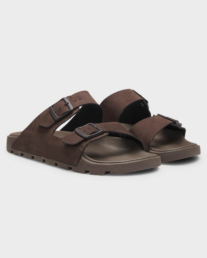 Pair of BOSS Orange Surfley Mens Twin-Strap Slides with Branded Buckles in Dark Brown 201 - Right