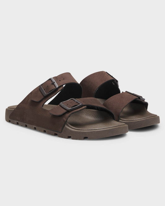 Pair of BOSS Orange Surfley Mens Twin-Strap Slides with Branded Buckles in Dark Brown 201 - Right