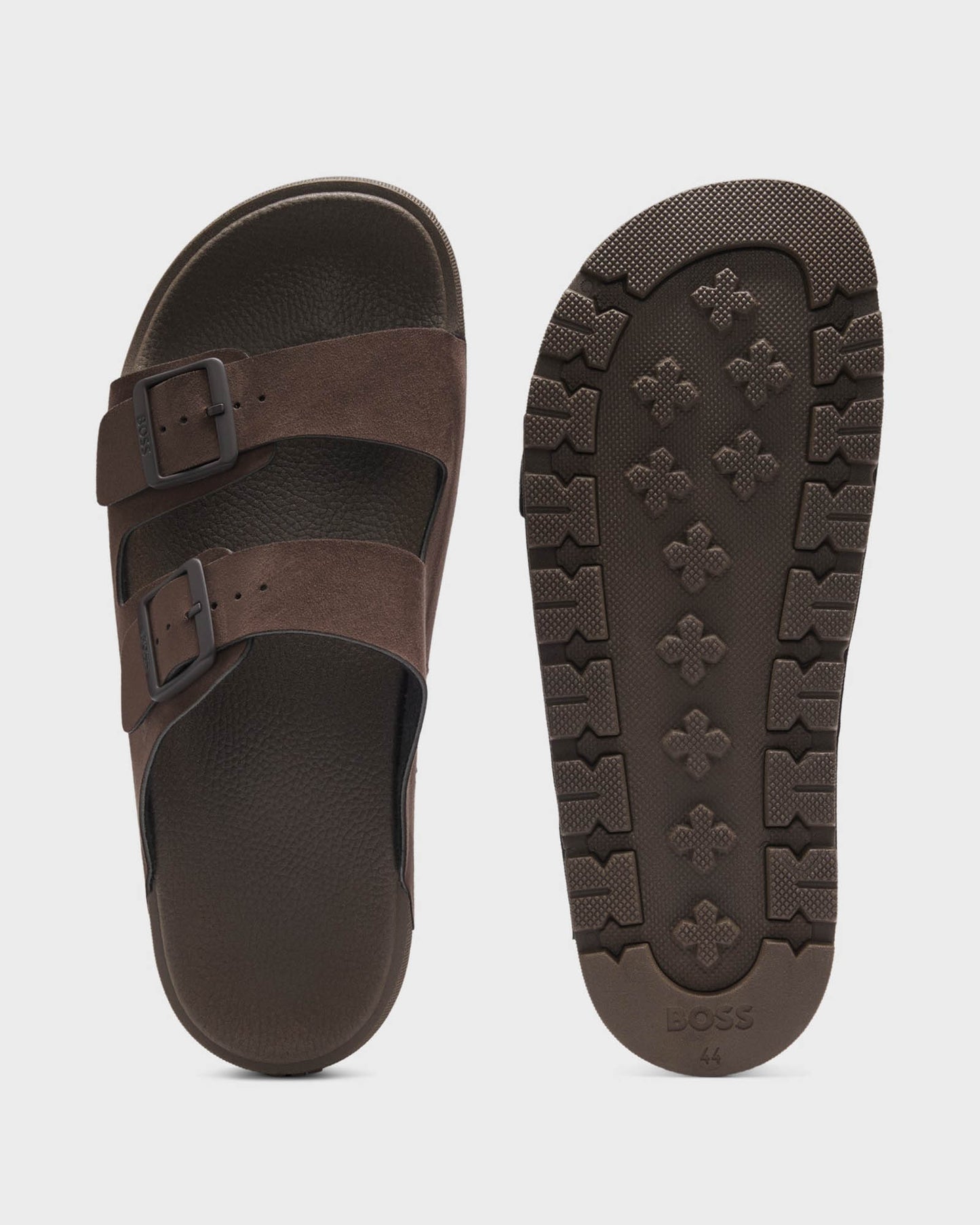 Pair of BOSS Orange Surfley Mens Twin-Strap Slides with Branded Buckles in Dark Brown 201 - Top and sole
