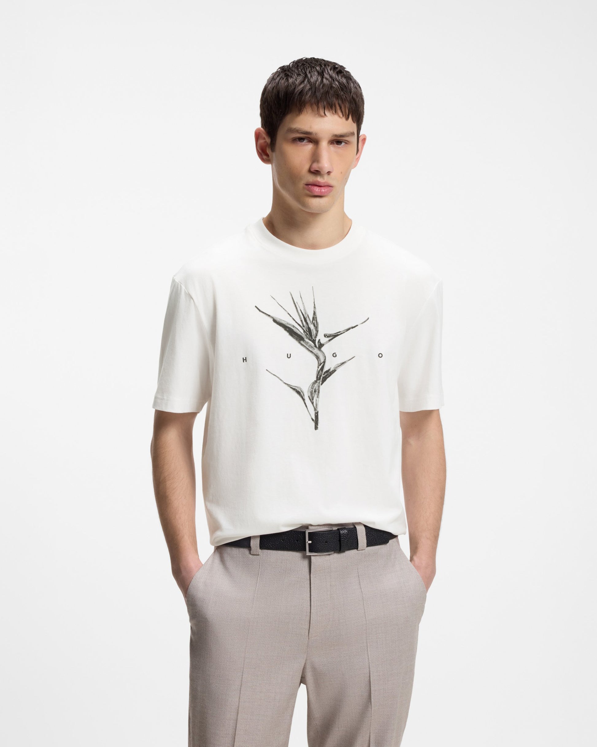 HUGO Darise Mens Relaxed-Fit T-Shirt with Artwork and Logo - Natural 102 | CHO | Designer Mens Short Sleeve T-Shirts