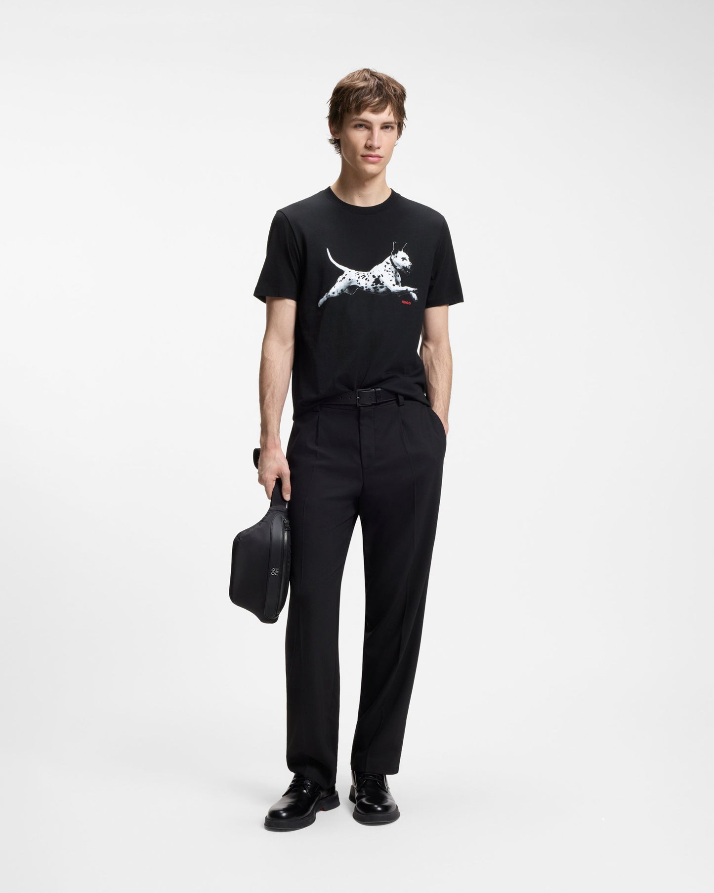 HUGO Dirunn Mens Cotton-Jersey T-Shirt with Animal Artwork - Black 001 | CHO | Designer Mens Short Sleeve T-Shirts