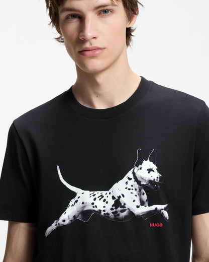 HUGO Dirunn Mens Cotton-Jersey T-Shirt with Animal Artwork - Black 001 | CHO | Designer Mens Short Sleeve T-Shirts