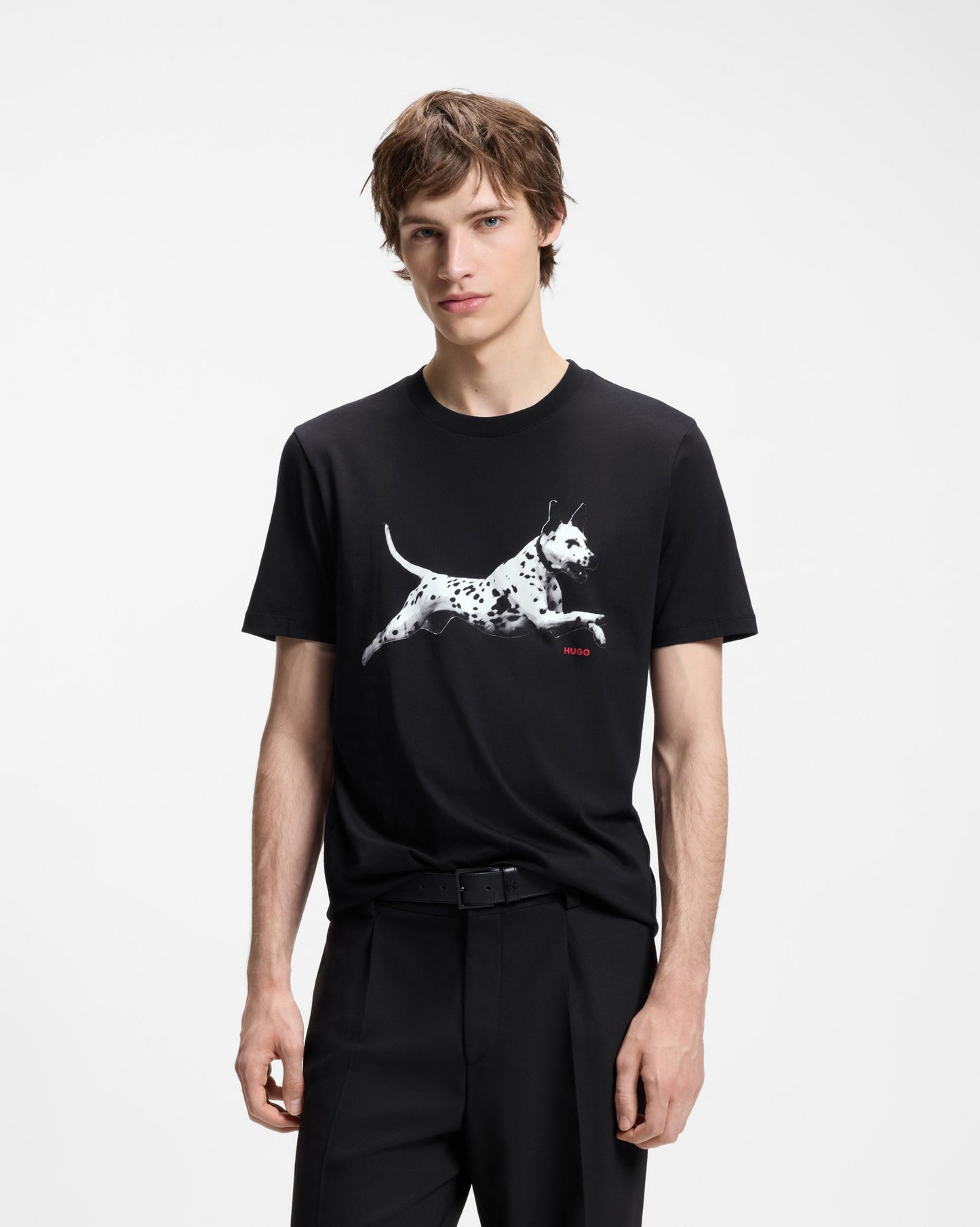 HUGO Dirunn Mens Cotton-Jersey T-Shirt with Animal Artwork - Black 001 | CHO | Designer Mens Short Sleeve T-Shirts