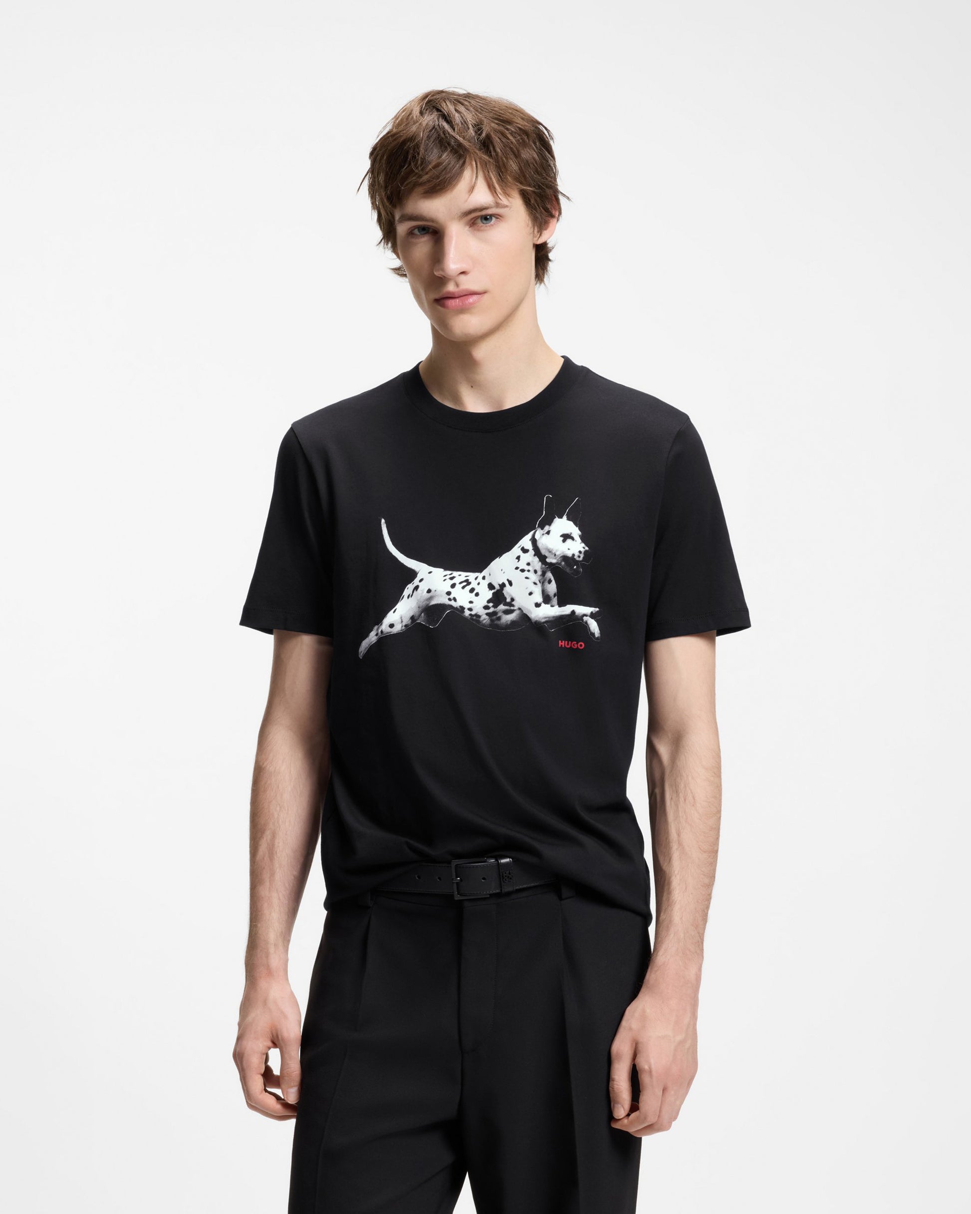 HUGO Dirunn Mens Cotton-Jersey T-Shirt with Animal Artwork - Black 001 | CHO | Designer Mens Short Sleeve T-Shirts