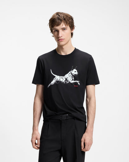 HUGO Dirunn Mens Cotton-Jersey T-Shirt with Animal Artwork - Black 001 | CHO | Designer Mens Short Sleeve T-Shirts