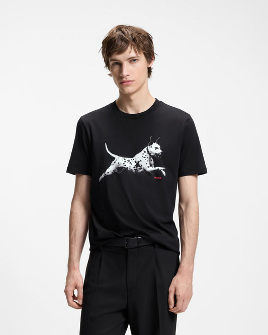 HUGO Dirunn Mens Cotton-Jersey T-Shirt with Animal Artwork - Black 001 | CHO | Designer Mens Short Sleeve T-Shirts