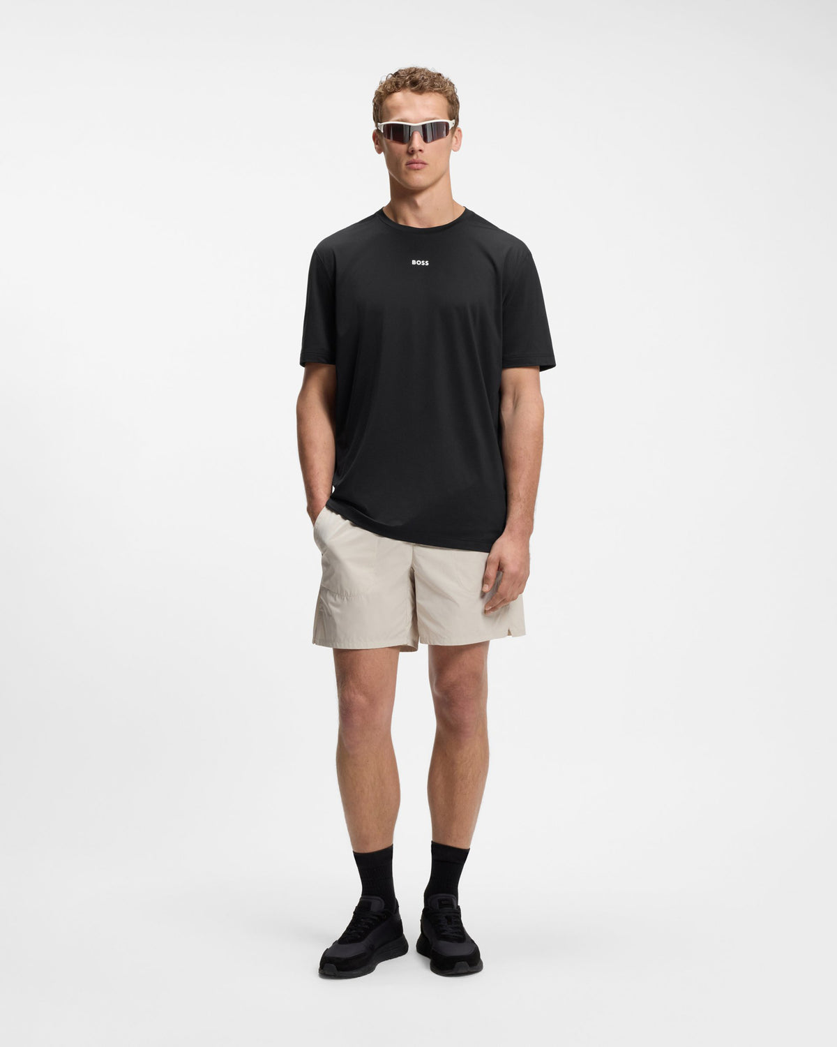 BOSS Green Active Mens Performance T-Shirt - Black 001 full length front