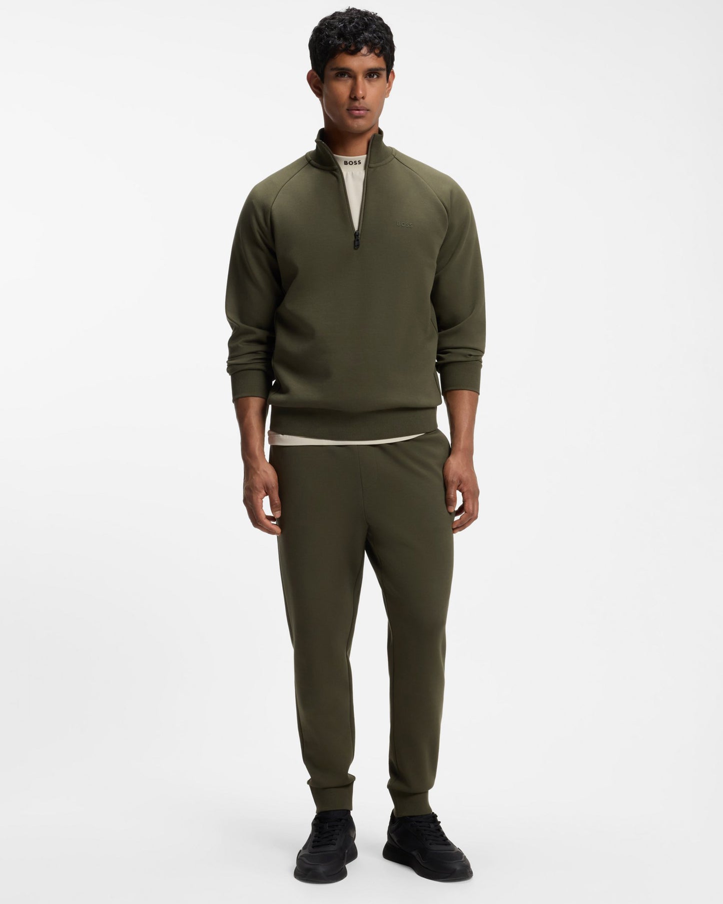 BOSS Green Hadiko Mens Stretch - cotton track pants with puff - print logo - Olive 398 | CHO | Designer Mens,Trousers,Joggers