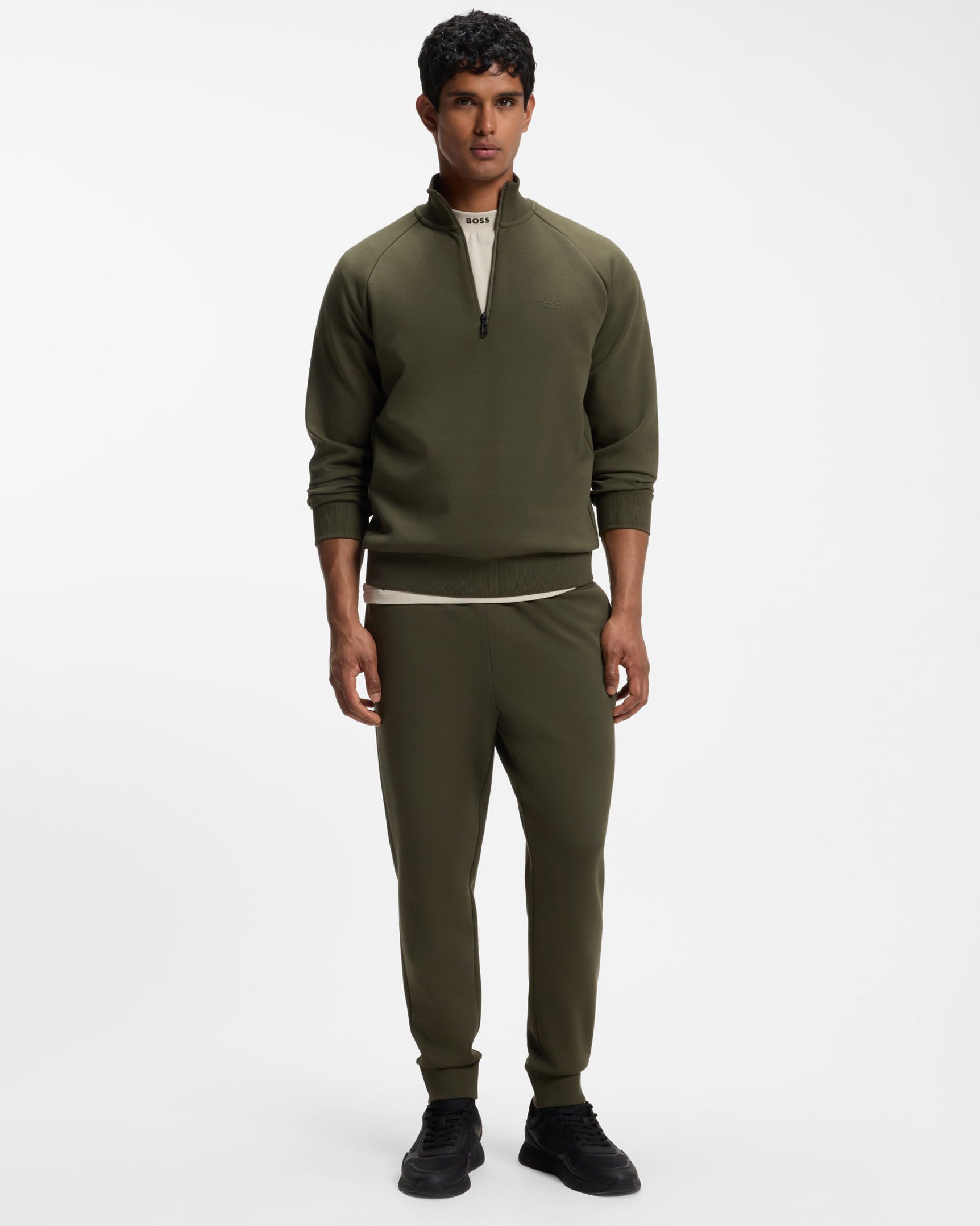 BOSS Green Hadiko Mens Stretch - cotton track pants with puff - print logo - Olive 398 | CHO | Designer Mens,Trousers,Joggers