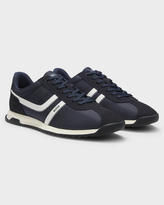 BOSS Orange Zayn Mens Low-Top Trainers with Faux-Leather Trims - Dark Blue 401 | CHO | Designer Mens Trainers