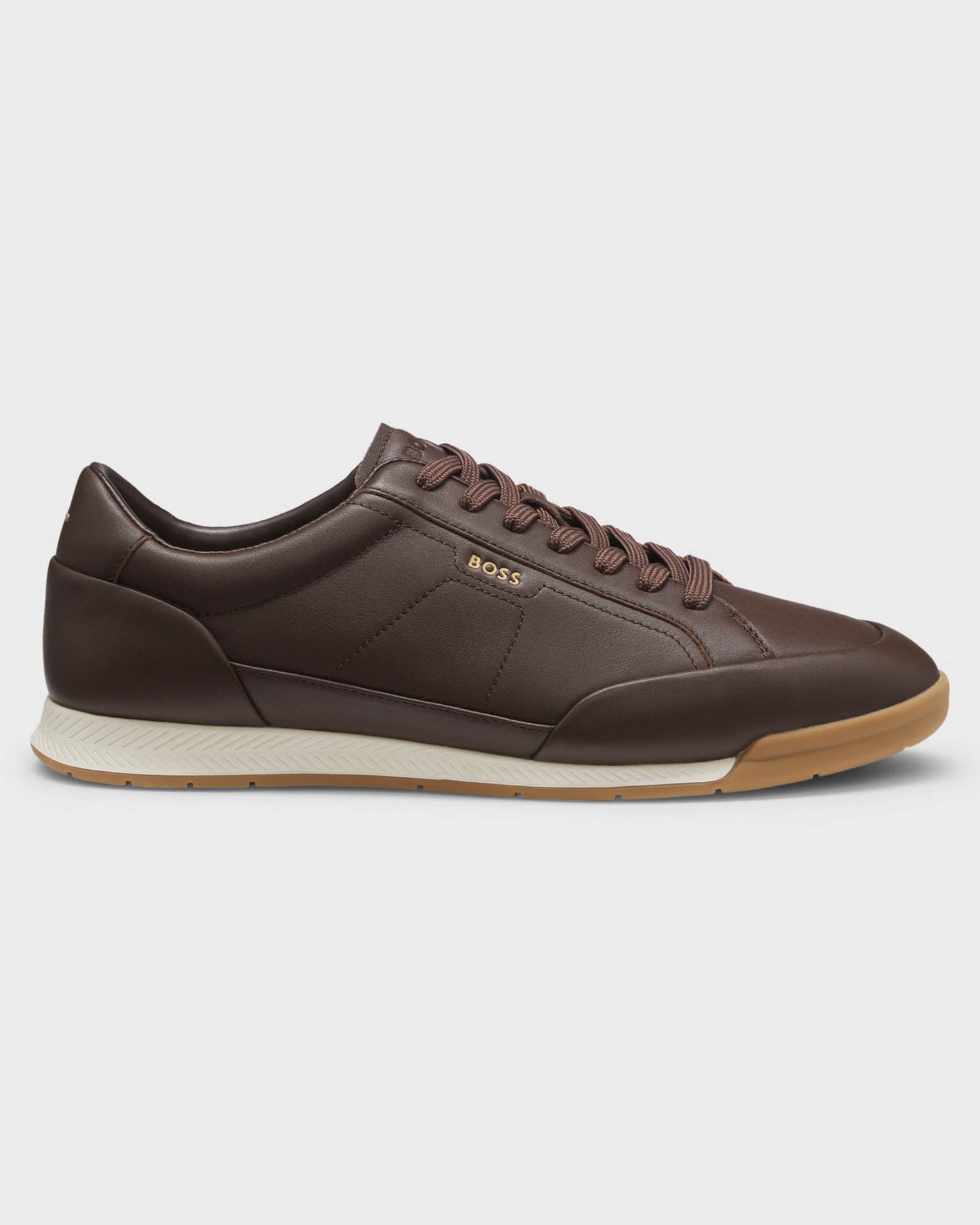 BOSS Orange Nitan Mens Leather Trainers with Foil Logo - Dark Brown 201 | CHO | Designer Mens Trainers