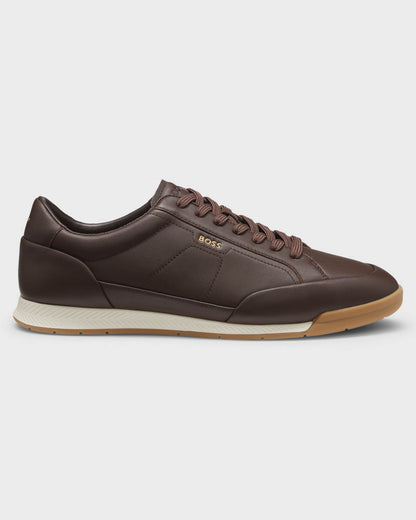 BOSS Orange Nitan Mens Leather Trainers with Foil Logo - Dark Brown 201 | CHO | Designer Mens Trainers