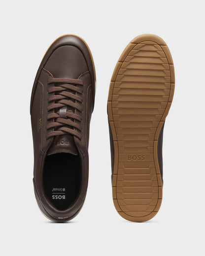 BOSS Orange Nitan Mens Leather Trainers with Foil Logo - Dark Brown 201 | CHO | Designer Mens Trainers