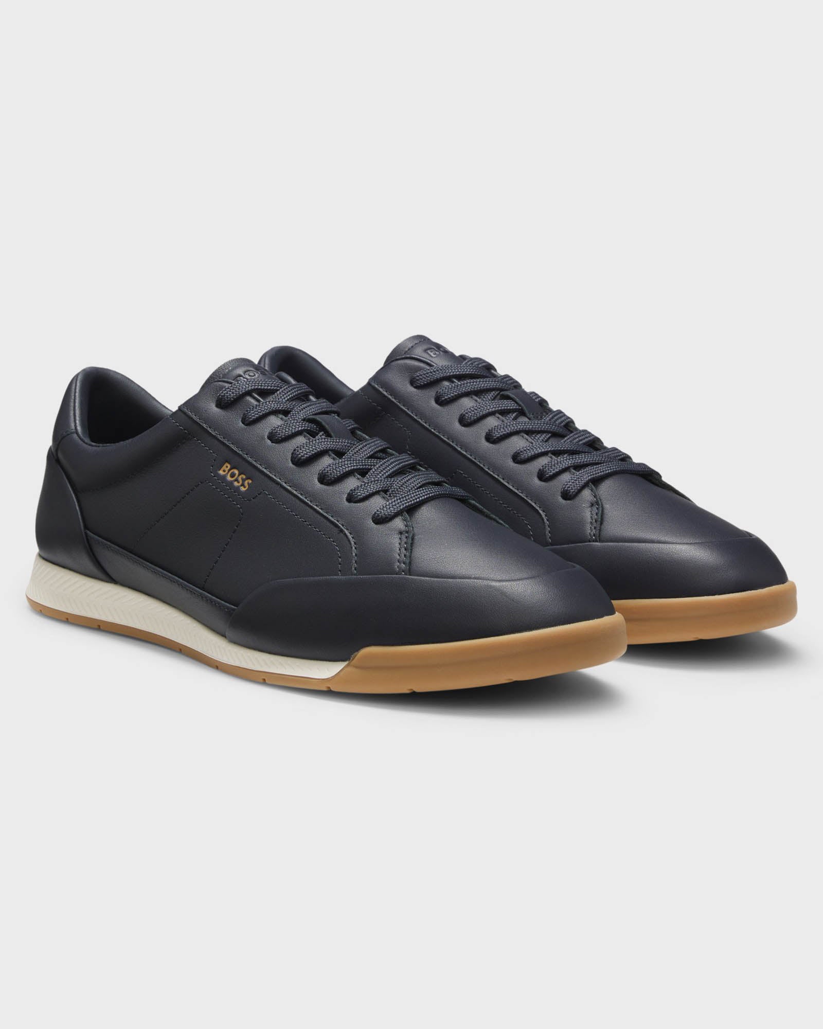 BOSS Orange Nitan Mens Leather Trainers with Foil Logo - Dark Blue 402 | CHO | Designer Mens Trainers