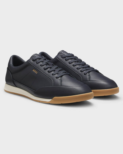 BOSS Orange Nitan Mens Leather Trainers with Foil Logo - Dark Blue 402 | CHO | Designer Mens Trainers