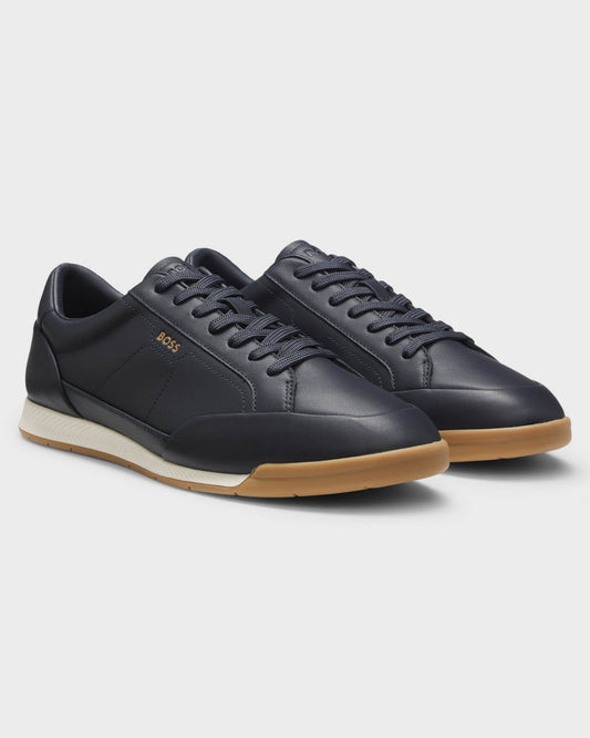 BOSS Orange Nitan Mens Leather Trainers with Foil Logo - Dark Blue 402 | CHO | Designer Mens Trainers