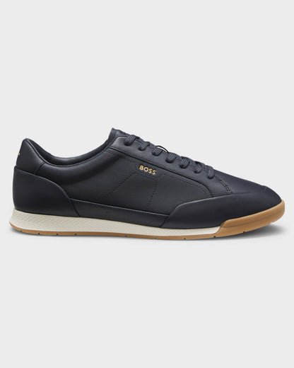 BOSS Orange Nitan Mens Leather Trainers with Foil Logo - Dark Blue 402 | CHO | Designer Mens Trainers