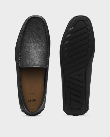 BOSS Orange Noel Mens Tumbled - Leather Loafers with Driver Sole - Black 001 | CHO | Designer Mens Shoes