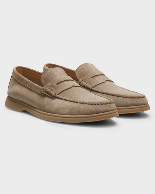 BOSS Orange Sienne Suede Loafers with Logo Penny Trim - Medium Beige 260