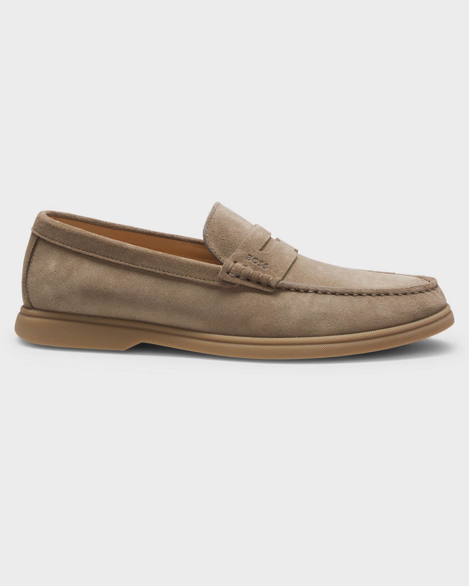 BOSS Orange Sienne Suede Loafers with Logo Penny Trim - Medium Beige 260 | CHO | Designer Mens Loafers