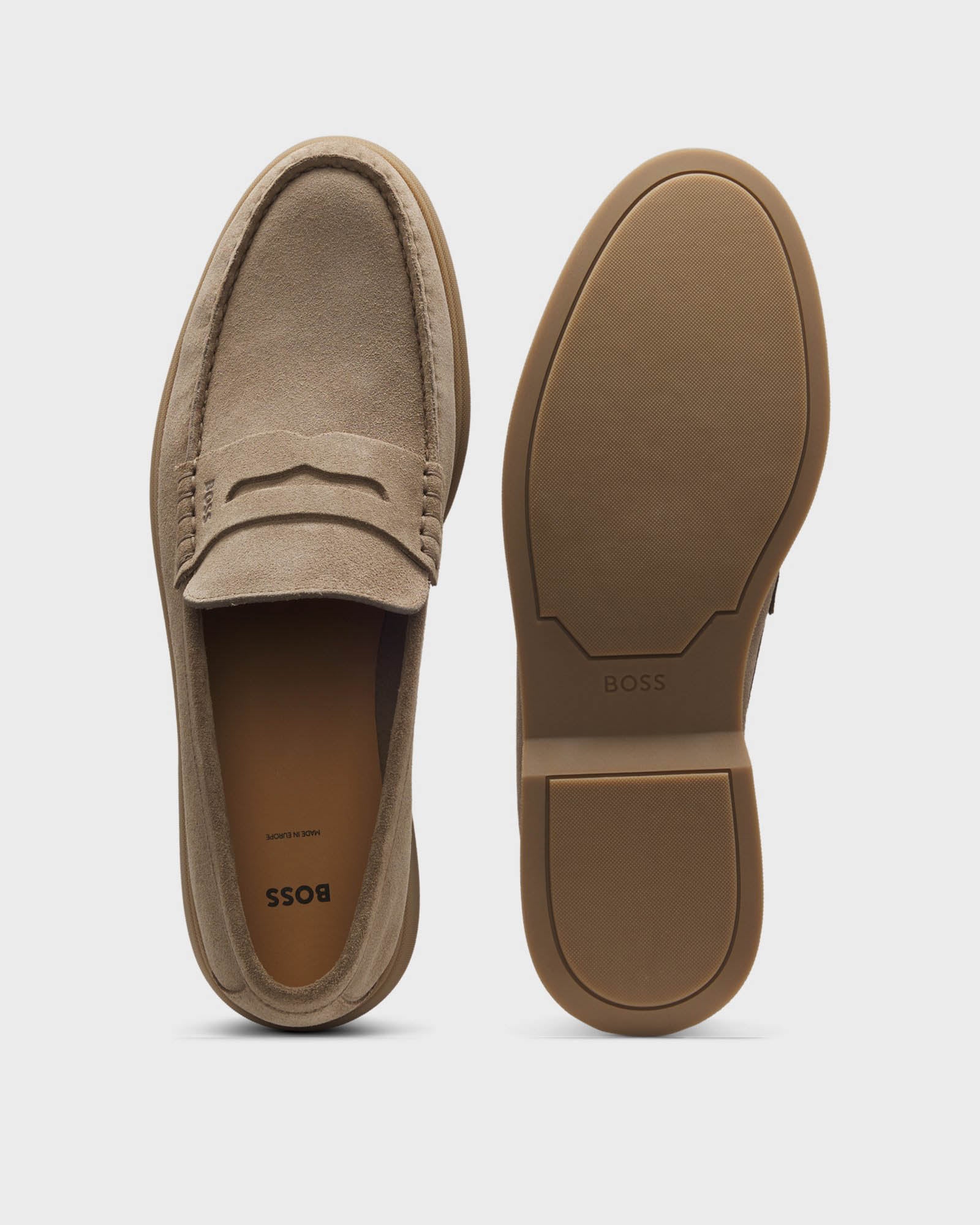 BOSS Orange Sienne Suede Loafers with Logo Penny Trim - Medium Beige 260 | CHO | Designer Mens Loafers