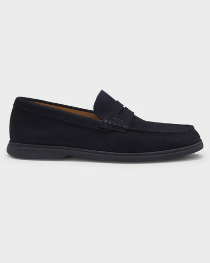 BOSS Orange Sienne Suede Loafers with Logo Penny Trim - Dark Blue 401 | CHO | Designer Mens Loafers