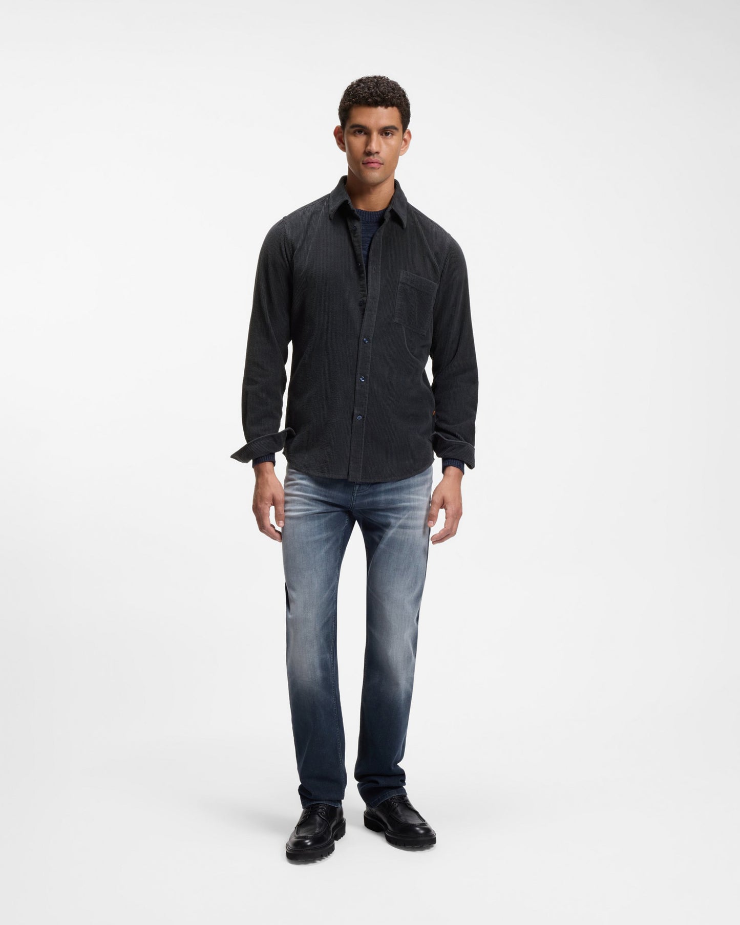 BOSS Orange Relegant 6 Mens Long Sleeve Cotton Shirt - Dark Blue 404 front, full length