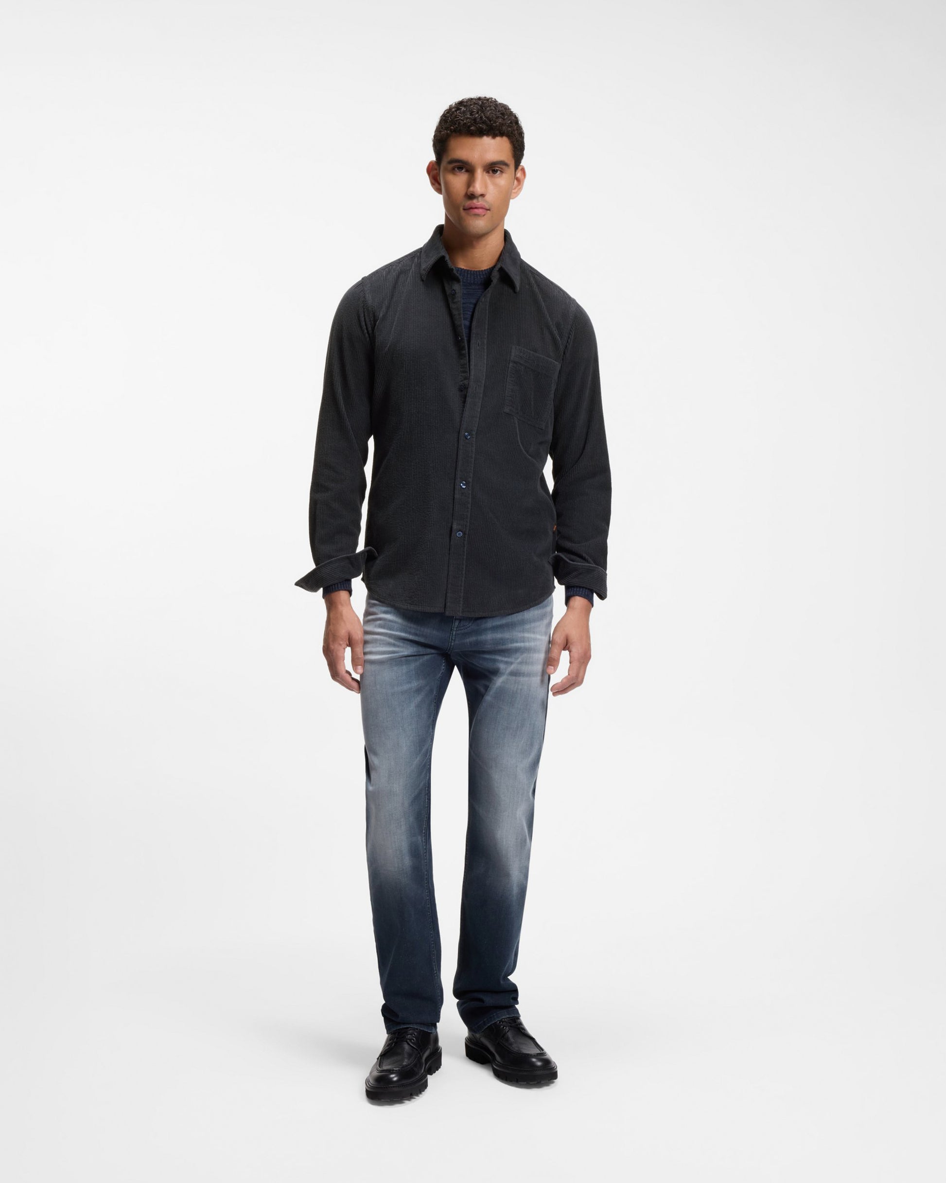 BOSS Orange Relegant 6 Mens Long Sleeve Cotton Shirt - Dark Blue 404 front, full length