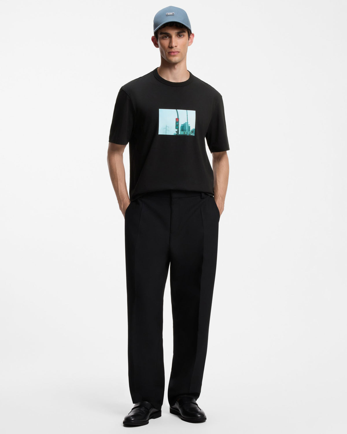 HUGO Diboul Mens Relaxed-fit cotton T-shirt with photographic print  - Black 001 full length, front