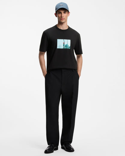HUGO Diboul Mens Relaxed-fit cotton T-shirt with photographic print  - Black 001 full length, front