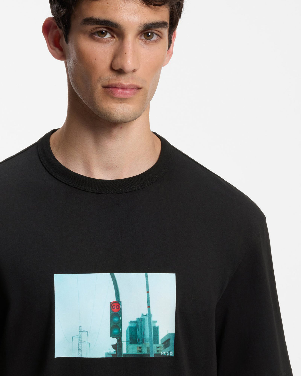 HUGO Diboul Mens Relaxed-fit cotton T-shirt with photographic print  - Black 001, detail